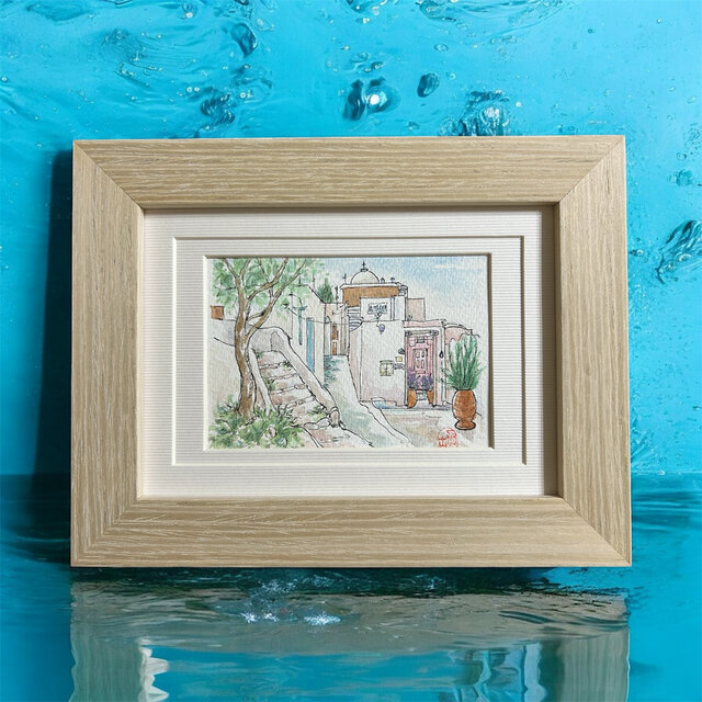 まどろむ昼下がり(水彩画、ギリシャ、サントリーニ島、原画、フレーム付き)