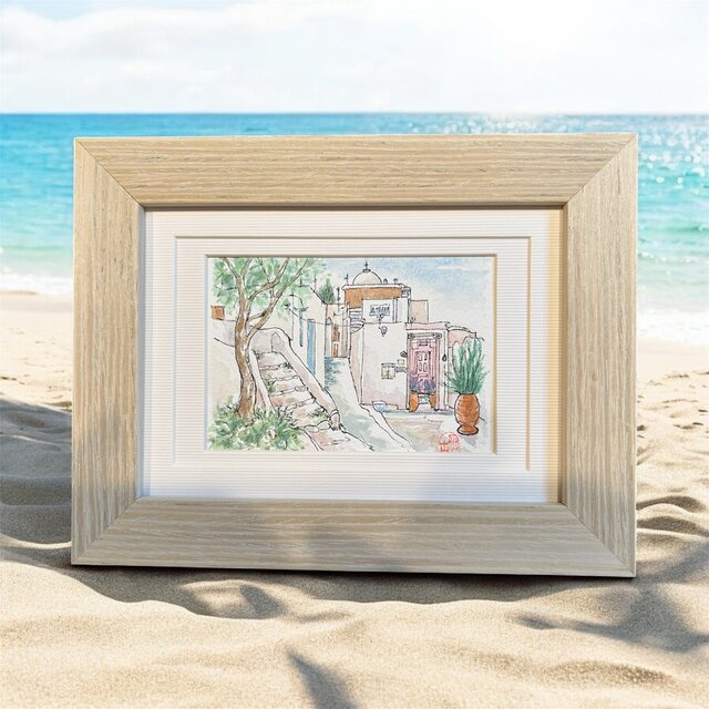 まどろむ昼下がり(水彩画、ギリシャ、サントリーニ島、原画、フレーム