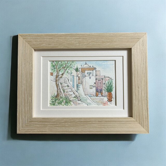 まどろむ昼下がり(水彩画、ギリシャ、サントリーニ島、原画、フレーム