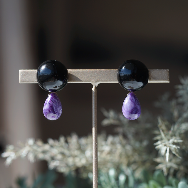 2WAY★黒水晶とチャロアイトのスタッドピアス・イヤリング可　～山葡萄