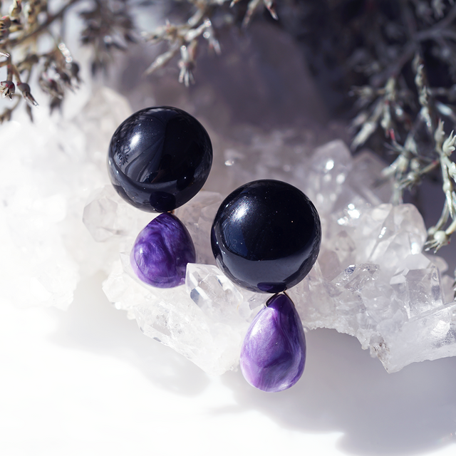 2WAY☆黒水晶とチャロアイトのスタッドピアス・イヤリング可 ～山葡萄