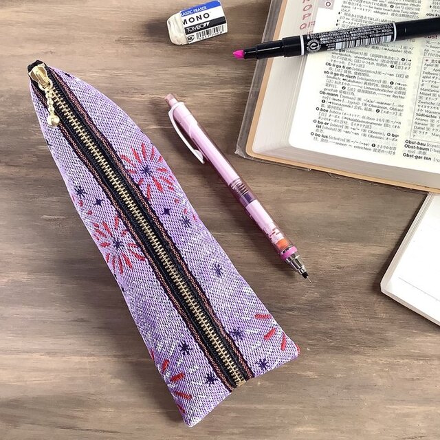 【花火】畳縁　テトラ型　ペンケース　紫　夏　お祭り
