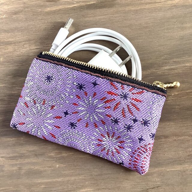 【花火】畳縁　ぺたんこ　ミニポーチ　小銭入れ　カードケース　紫　夏　お祭り