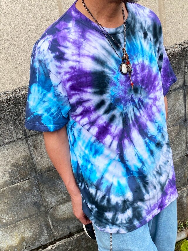タイダイ Tシャツ XXLサイズ ブラック×ブルー スパイラル Hippies Dye