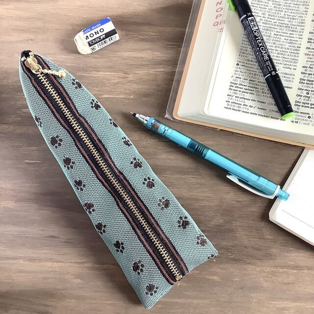 【足あと】畳縁　テトラ型　ペンケース　ミントチョコ　肉球　犬　猫