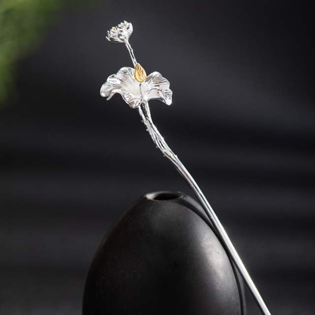 0708125 桃の木素材 蓮の葉と実彫りかんざし 約169ミリ 0708125 桃の木