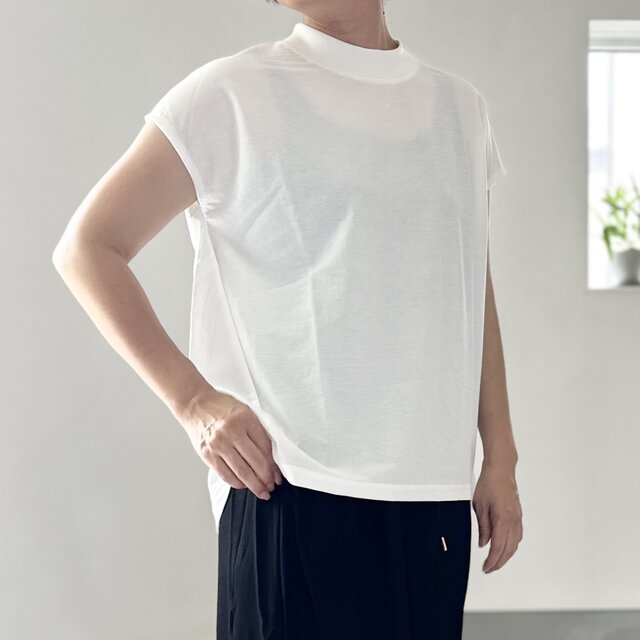 【接触冷感】フレンチスリーブ スラントシームプルオーバー 2色展開【ホワイト】『2025新作』