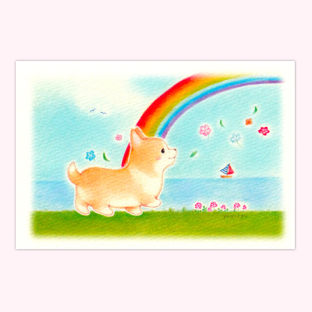 ポストカード 「コーギーちゃんの虹色散歩」２枚入