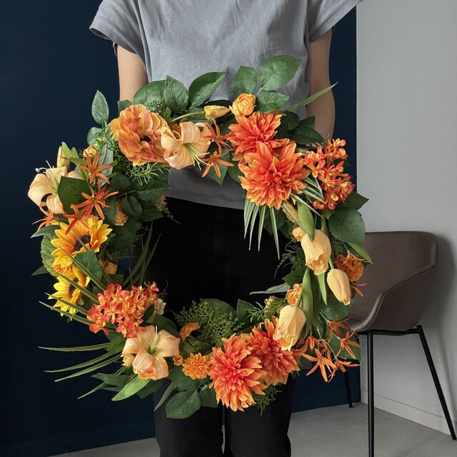 再販】迫力の50cm！ひまわりやチューリップ、オレンジの花を使っ