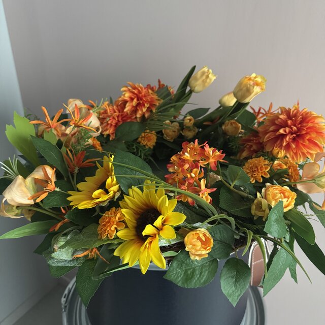 再販】迫力の50cm！ひまわりやチューリップ、オレンジの花を使った