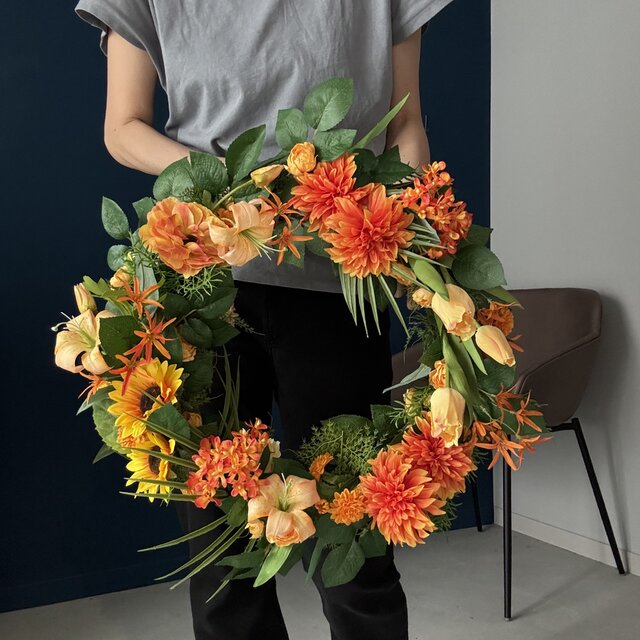 再販】迫力の50cm！ひまわりやチューリップ、オレンジの花を使った