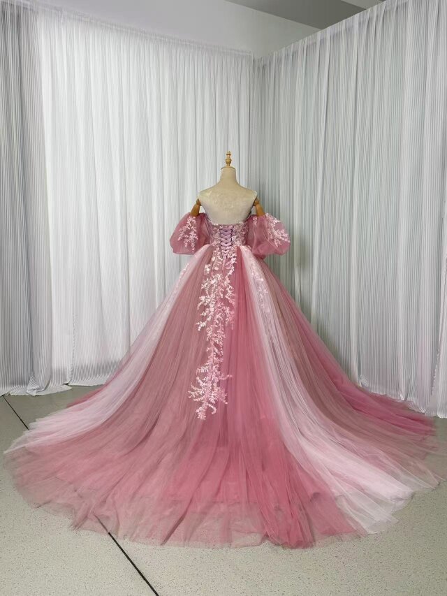 美品！カラードレス ピンク ベアトップ パフスリーブ グラデーション