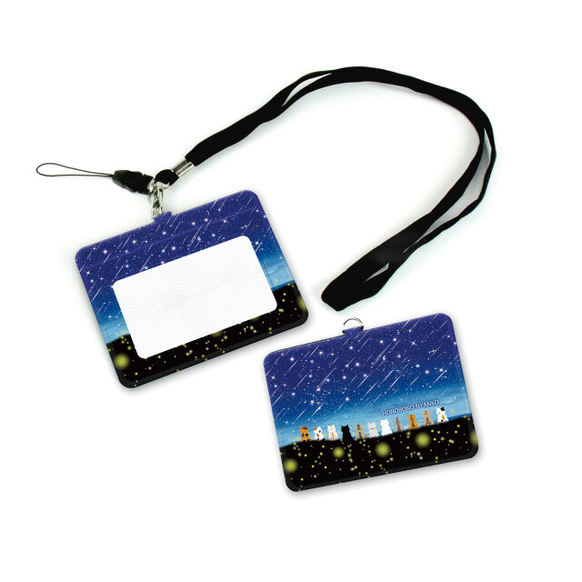 IDケース/IDカードホルダー/パスケース【ほのぼのにゃんこ（流れ星と蛍火）】（名入れ可）