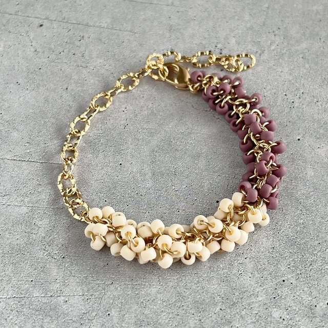 【バイカラービーズ＊リンクラインブレスレット】くすみパープル×アイボリー