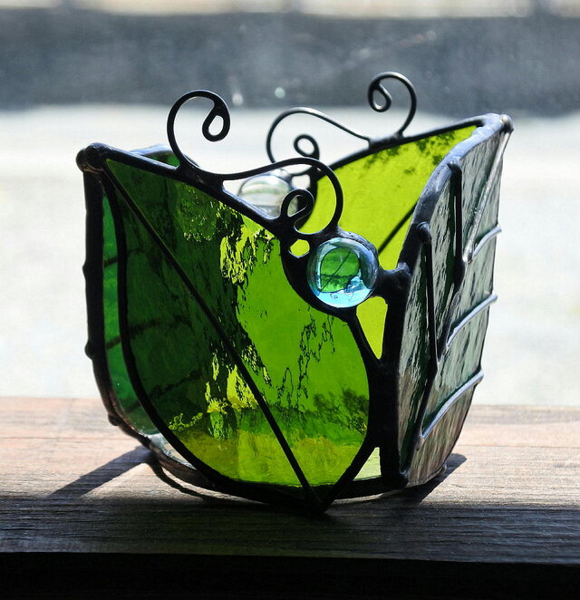 新緑の木の葉 ステンドグラス キャンドル ホルダー ギフト