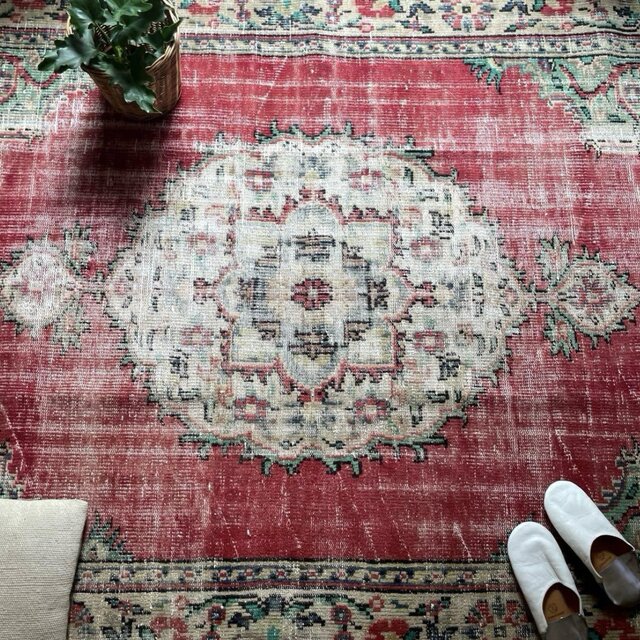 正式的 大判155×266アンティークレッド メダリオン トルコヴィンテージ ラグ・カーペット