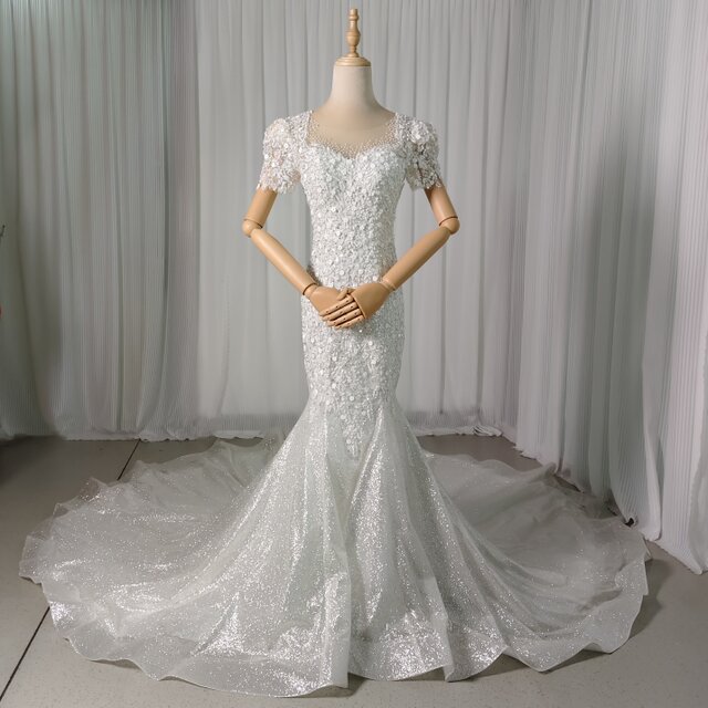 豪華！ウェディングドレス ビジュー 短袖 編み上げ 韓国風ドレス マーメイド グリッタードレス 結婚式