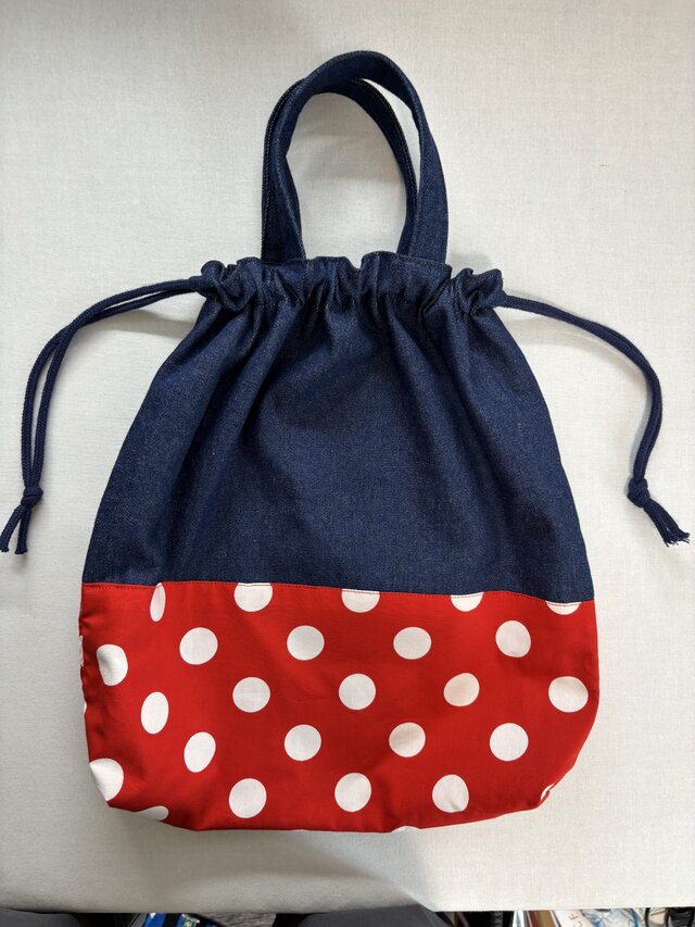 体操服入れ【紺デニム×赤白水玉2cm】持ち手つき