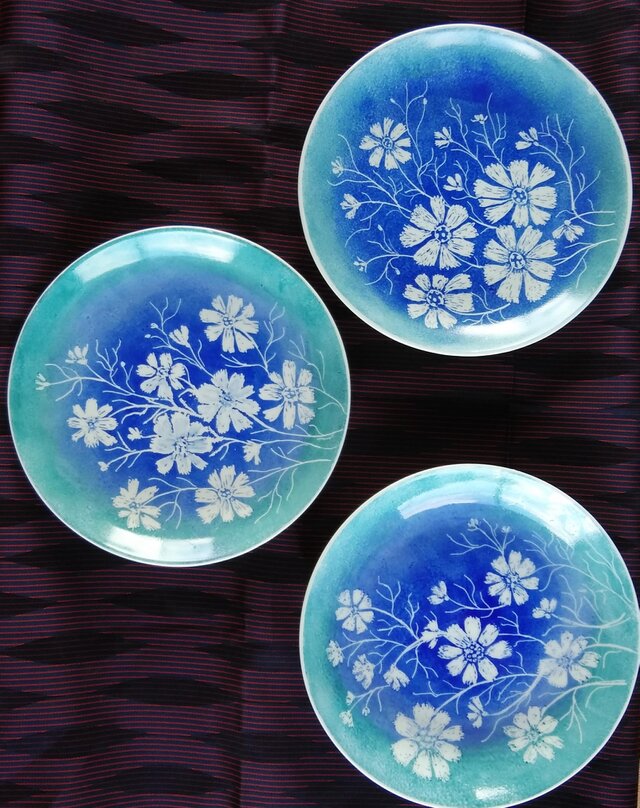 【コスモスの青い丸皿】3枚セット