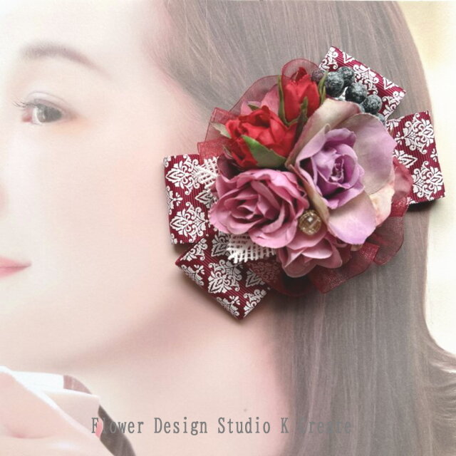 モーブピンクの薔薇のリボンヘアクリップ　バラ　薔薇　髪飾り　リボン　ダマスク柄　レース　発表会　お出掛け　ヘアクリップ