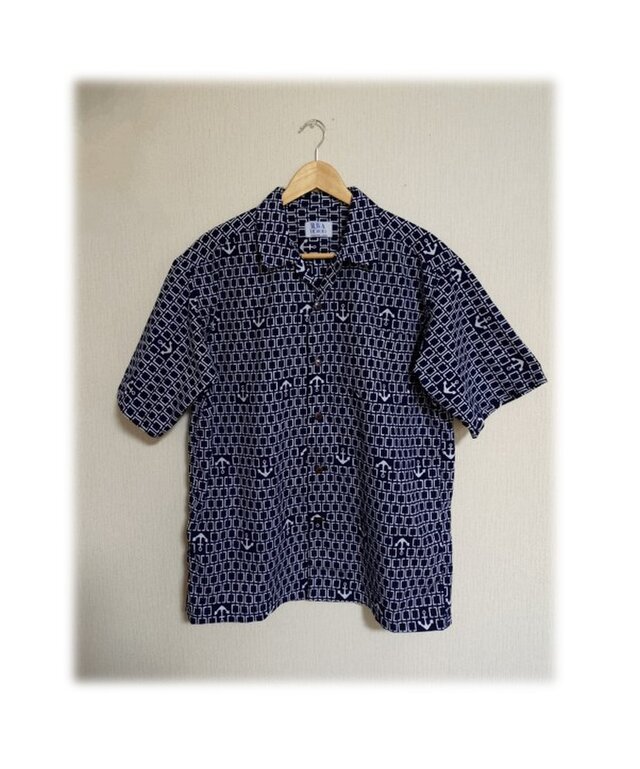 24　メンズ　開襟シャツ　アロハシャツ　大きいサイズ　四角と錨　デッドストック浴衣地　1点物　半袖　夏