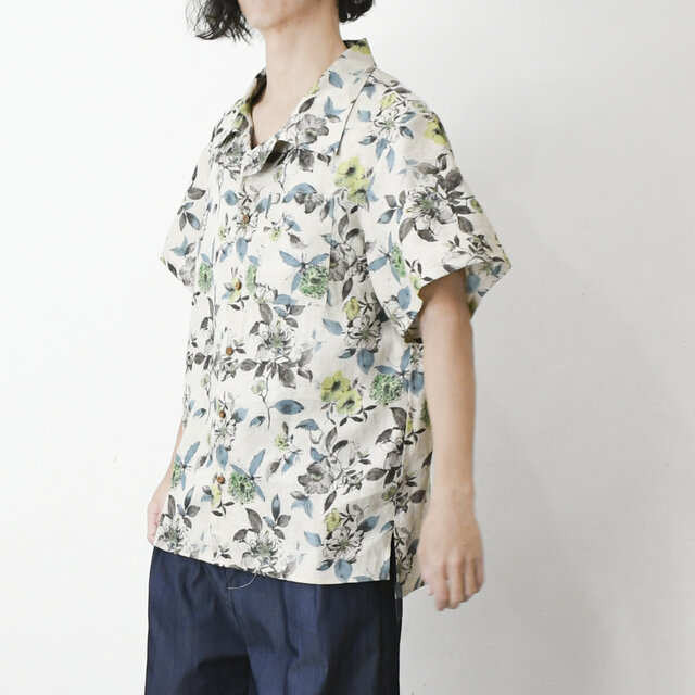 【完全一点物】半袖オープンカラーシャツ(リネンフラワー)