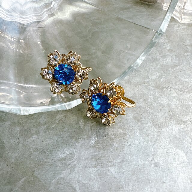 Y1148-ヴィンテージイヤリング・U.S.A. 1960s Blue Sapphire Clear Rhinestone