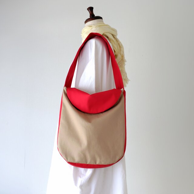 【情景バッグ】フラップワンショルダーバッグ／ベージュ×レッド