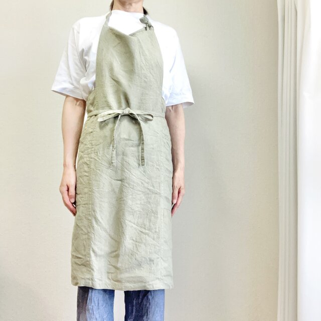 ベルギーリネンの魅力を纏う - ワークエプロン　ベルギーリネン２５番手　グラスベージュ