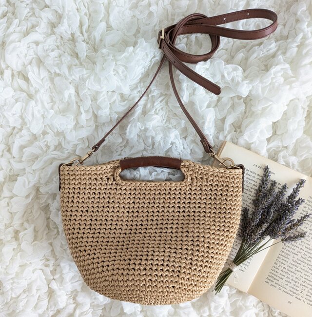 ラフィア風 丸底2way ショルダーバッグ（丸ハンドル・ブラウン