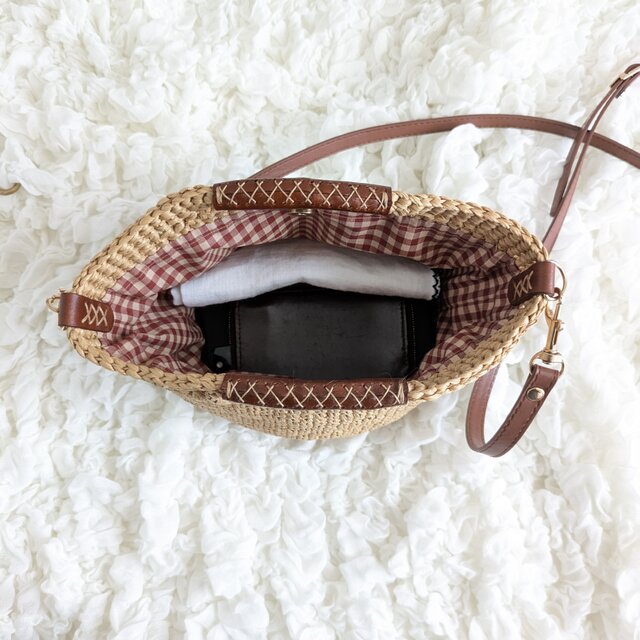 ラフィア風 丸底2way ショルダーバッグ（丸ハンドル・ブラウン