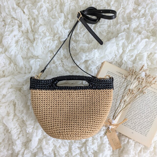 ラフィア風 丸底2way ショルダーバッグ（丸ハンドル・ブラック）