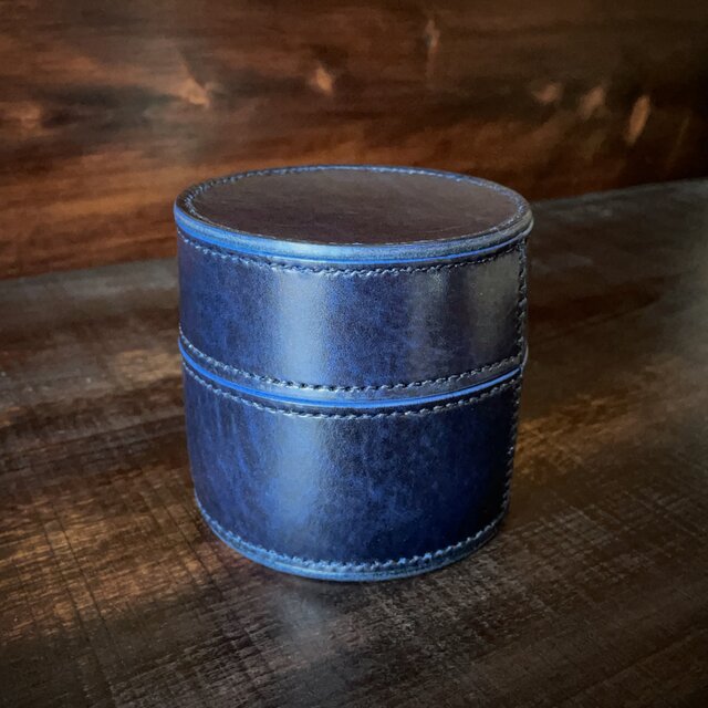 《円柱型》レザー収納ボックス（ネイビー）