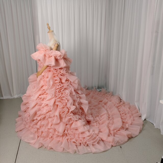 美品！カラードレス ピンク オフショルダー オーガンジー ボリューム