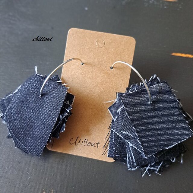 【ピアス】フープリングピアス：ブルーデニム：シルバー【0922】