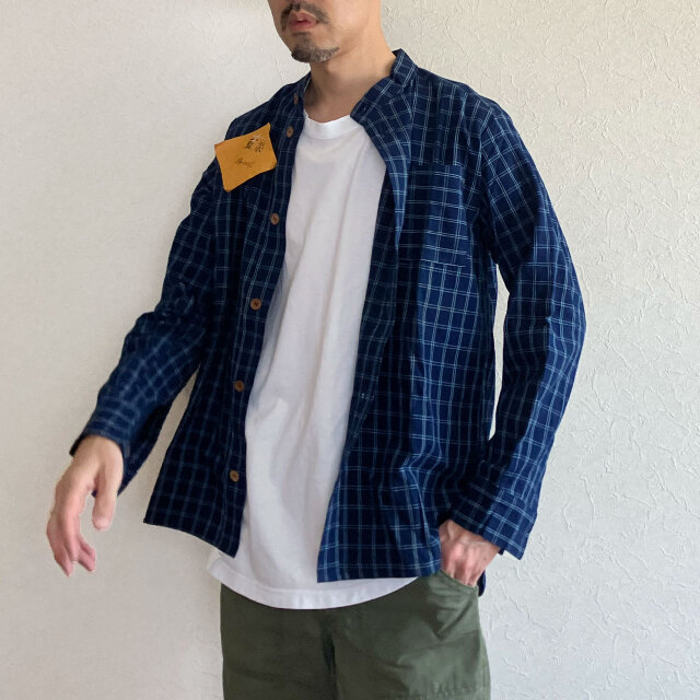 一点物｜手づくりきよこの藍染格子長袖シャツバンドカラー 綿100% 手しごとの味わいをまとう 未使用デッドストックタグ付き