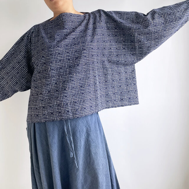 【1点もの】丁字のプルオーバー2way -浴衣地 紺に変わり格子（ヴィンテージ） 2WB631