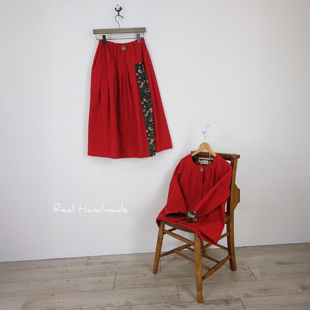 VIVA HEAT パッチワークスカート 赤　ダウン　冬 予約販売] スカーレットフォレスト・いちご泥棒のパッチ切替ギャザー