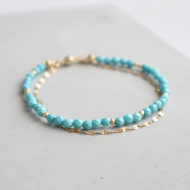 ＼カチッと簡単♪マグネットクラスプ／ 天然石2連ブレスレット＜ターコイズブルー＞