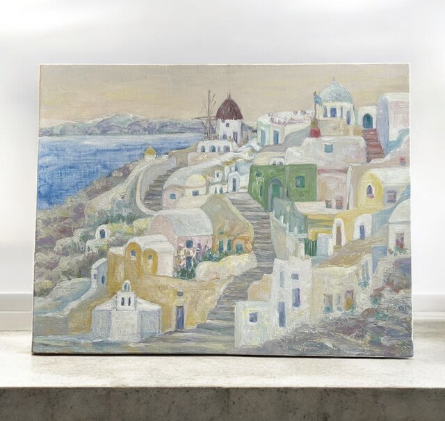 エーゲ海に浮かぶ島（油絵6号、ギリシャ、サントリーニ島の村イア