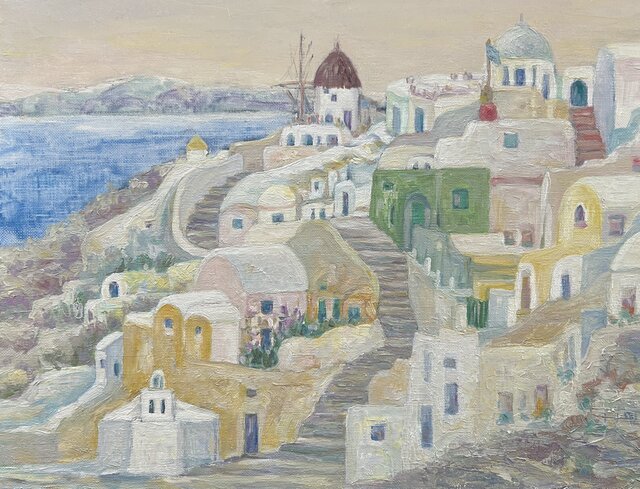 エーゲ海に浮かぶ島（油絵6号、ギリシャ、サントリーニ島の村イア