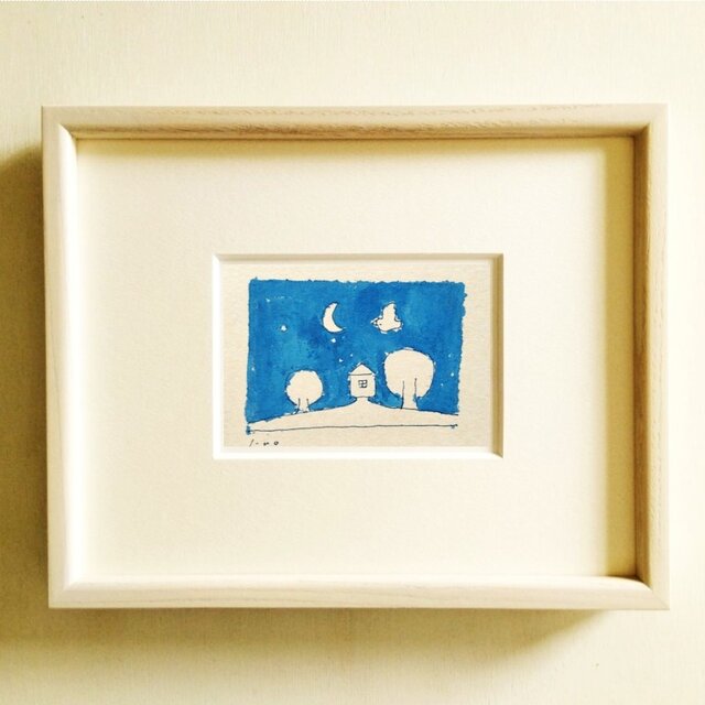 青いドローイングの絵画｜水彩　※木製額縁入り（インチサイズ）