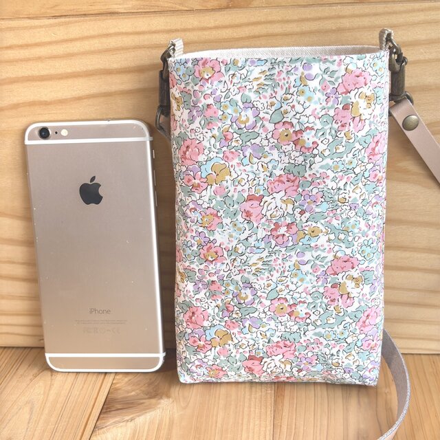 リバティ　スマホポーチ　持ち手/ショルダー　帆布裏地　本革ベルト＜Claire Aude＞(クレア・オード)ピンク