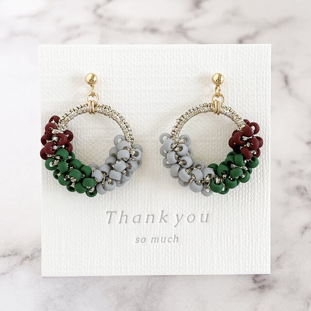 【ラメ糸のトリオカラーズリングピアスorイヤリング＊ブラウン×グリーン×グレー】