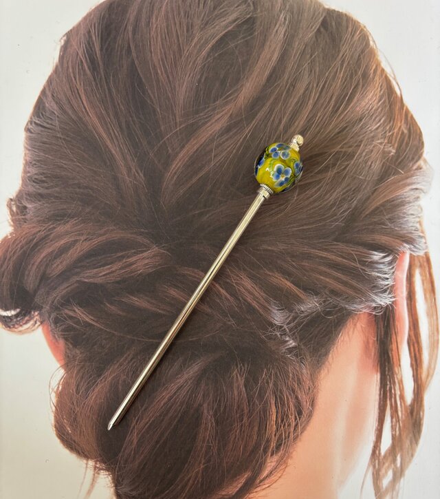 かんざし 黄色と水色の花のとんぼ玉 一本挿し 一本簪 涼しげ 夏