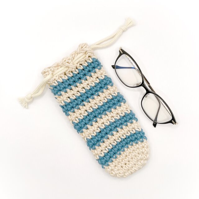 極太コットンメガネケース巾着/ブルー