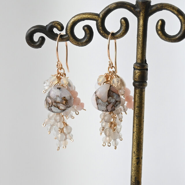 コッパーピンクオパールの房ピアス・ハーキマーダイヤ付き・イヤリング変更可・14kgf