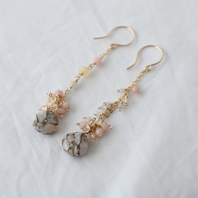 コッパーピンクオパールのロングピアス・イヤリング変更可・14kgf