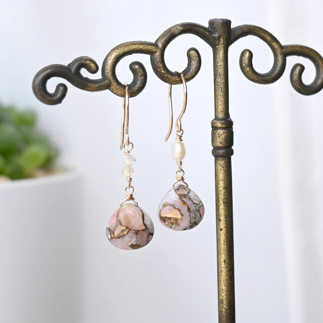 【★SALE】コッパーピンクオパールのピアス・イヤリング変更可・14kgf