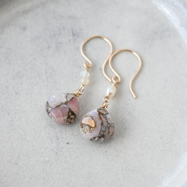 ☆SALE】コッパーピンクオパールのピアス・イヤリング変更可・14kgf